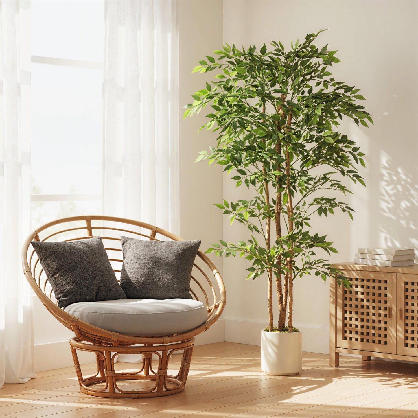 HOMCOM 180cm Artificial Ficus Tree With Solid Wood Trunk In White Pot For Indoor Decor Real Touch Leaves
