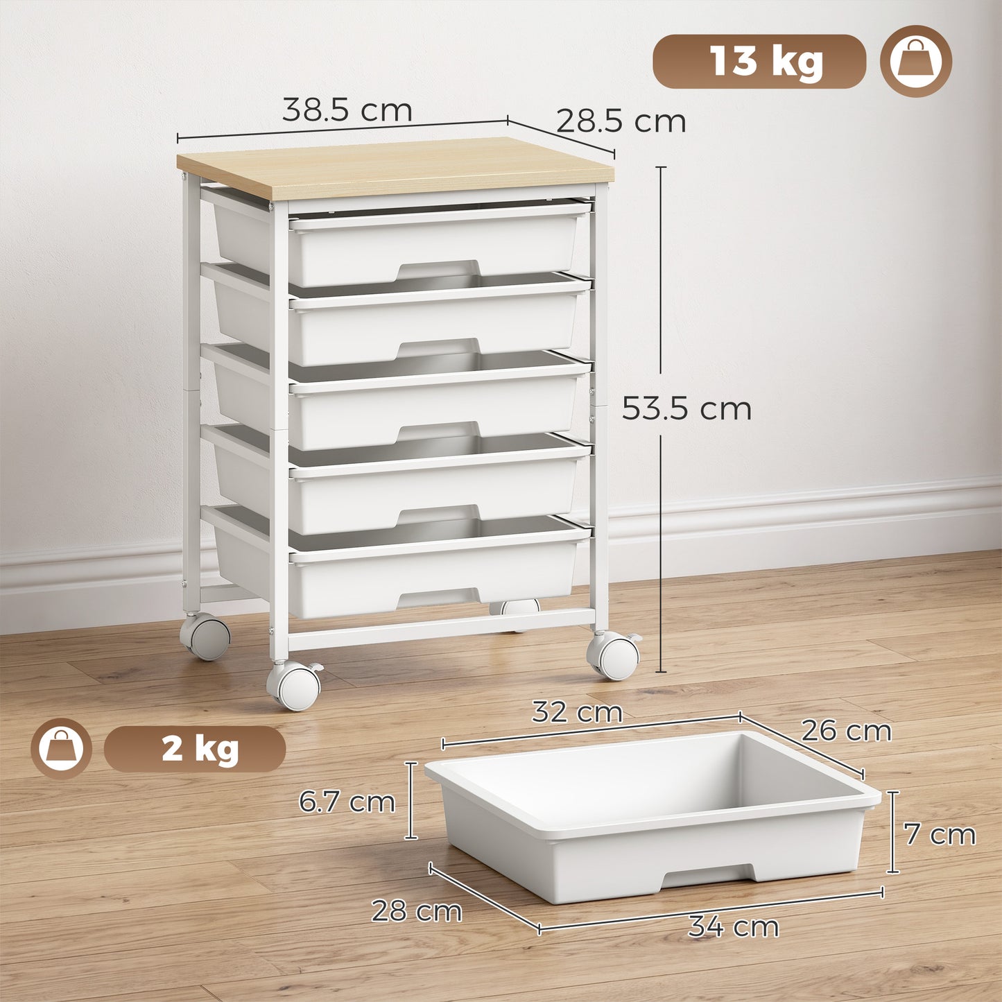 HOMCOM 6 Tier Storage Trolley On Wheels With 5 Drawers