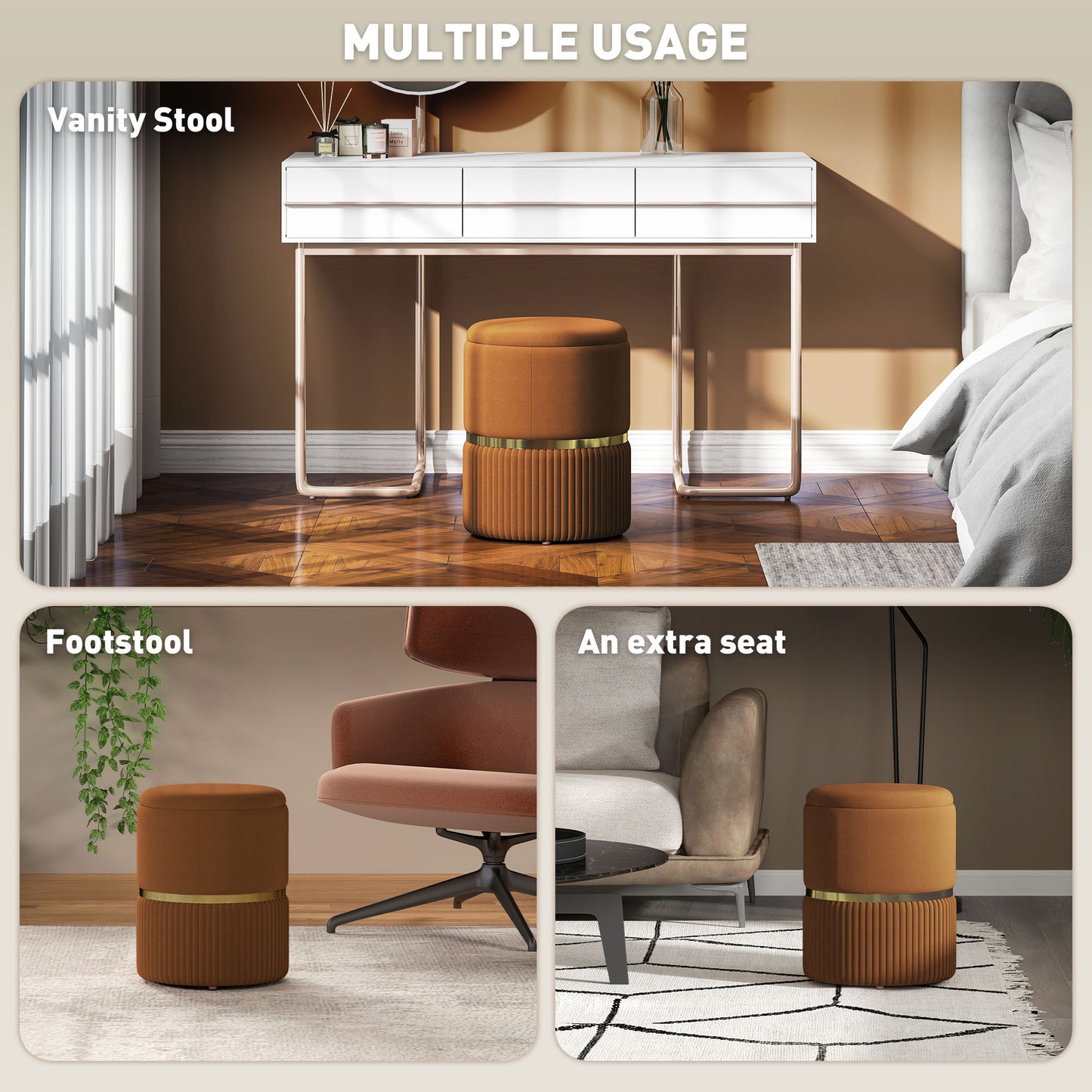 HOMCOM Velvet-Feel Storage Ottoman Brown With Hidden Storage, Sturdy MDF Frame And Protective Foot Pads