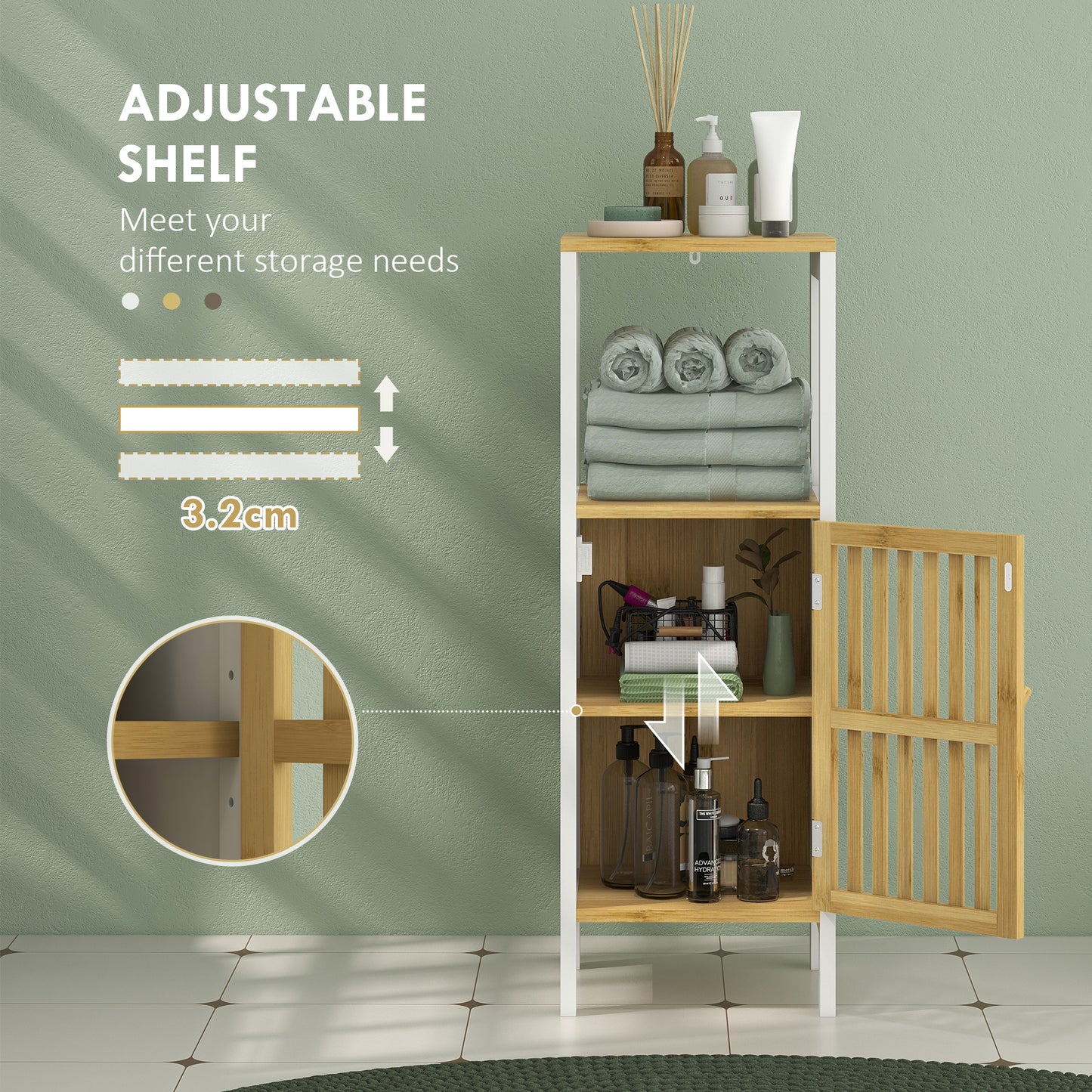 HOMCOM Bamboo Blend Retro Cut Out Bathroom Storage Cabinet with Cupboard and Adjustable Shelves Slim Unit