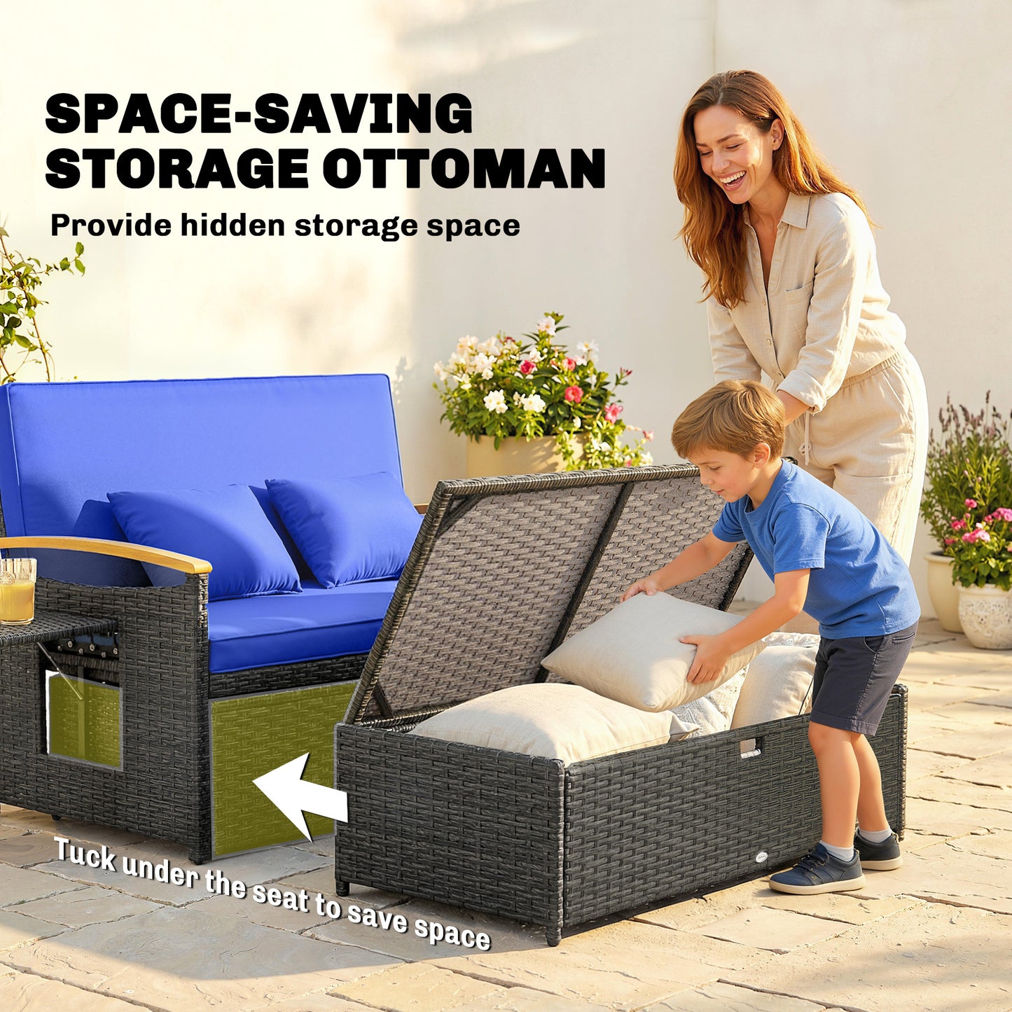 Outsunny Double Garden Rattan Daybed With Storage Ottoman And Five Level Adjustable Backrest Brown