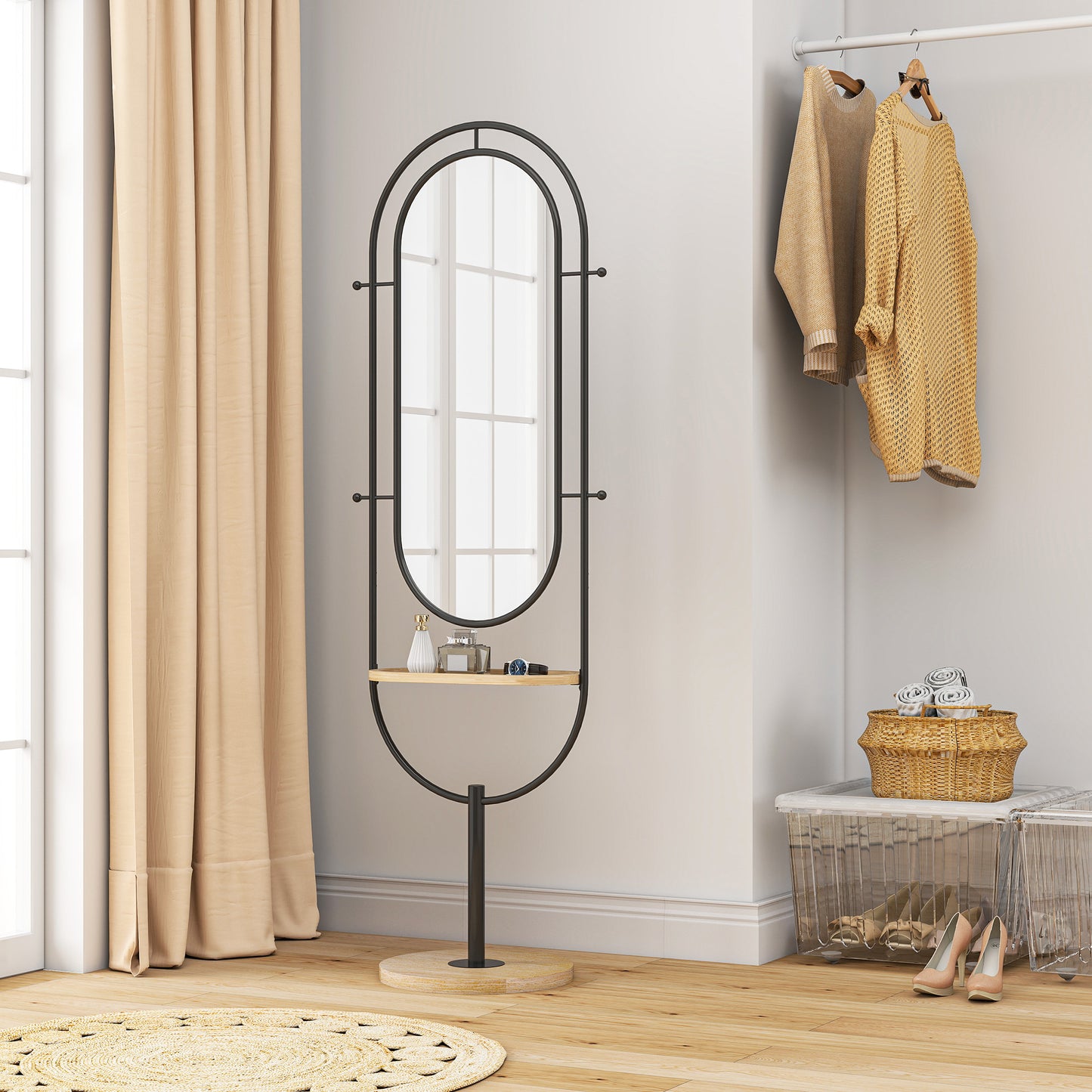 HOMCOM Dual Oval Full Length Mirror With Wooden Tray And Four Hooks Black Finish For Bedroom Or Hallway