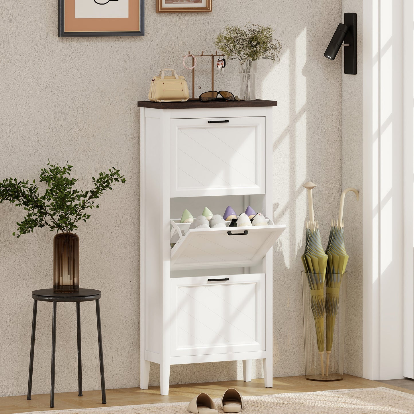 Homcom Shoe Cabinet With Three Flip Drawers Farmhouse Narrow Shoe Storage Cabinet White With Adjustable Shelves