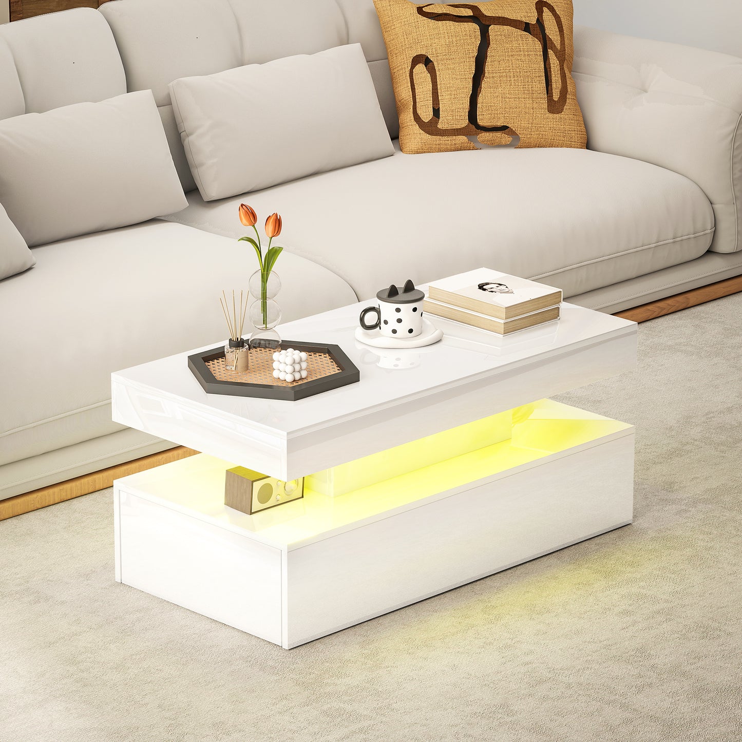 HOMCOM LED Coffee Table With Storage High Gloss White Modern Minimalist Design With RGB Lighting