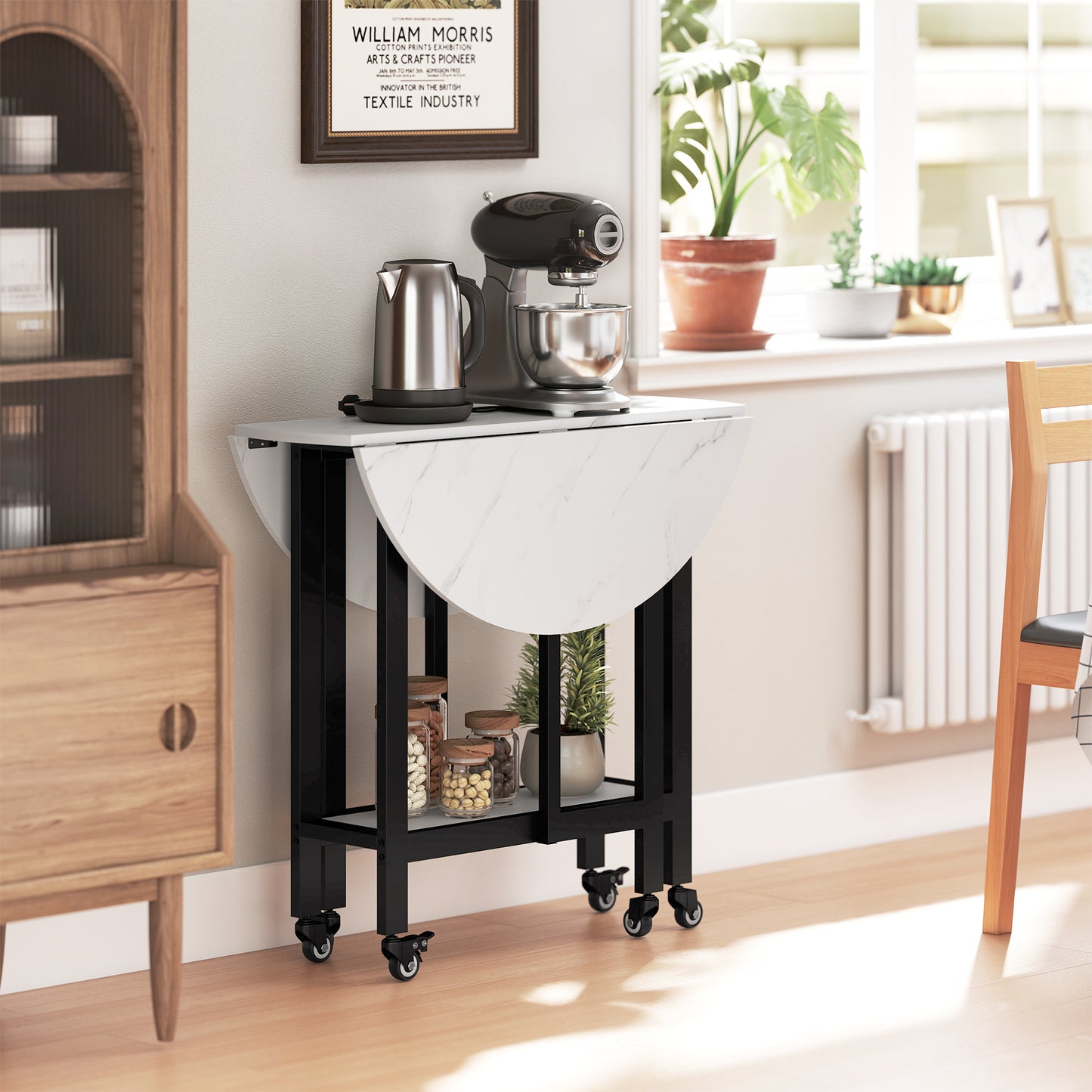HOMCOM Folding Dining Table With Drop Leaf Open Shelf Smooth Rolling Wheels White Marble Finish For Small Spaces