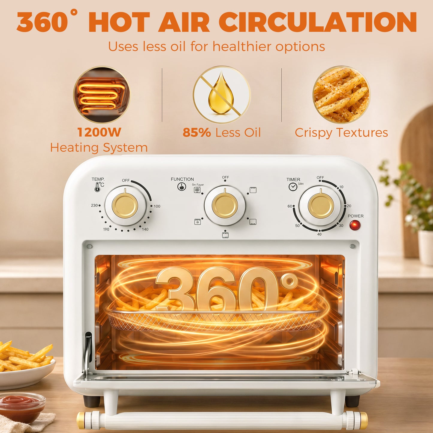 HOMCOM 12 L Air Fryer Toaster Oven With Convection, Adjustable Temperature And Timer, Cream White Countertop Oven