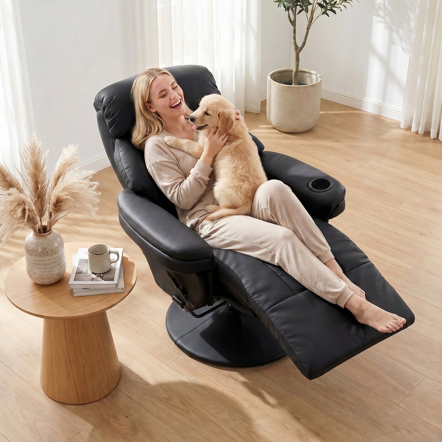 HOMCOM Upholstered Manual Recliner Armchair With Footrest And Adjustable Backrest PU Leather Black