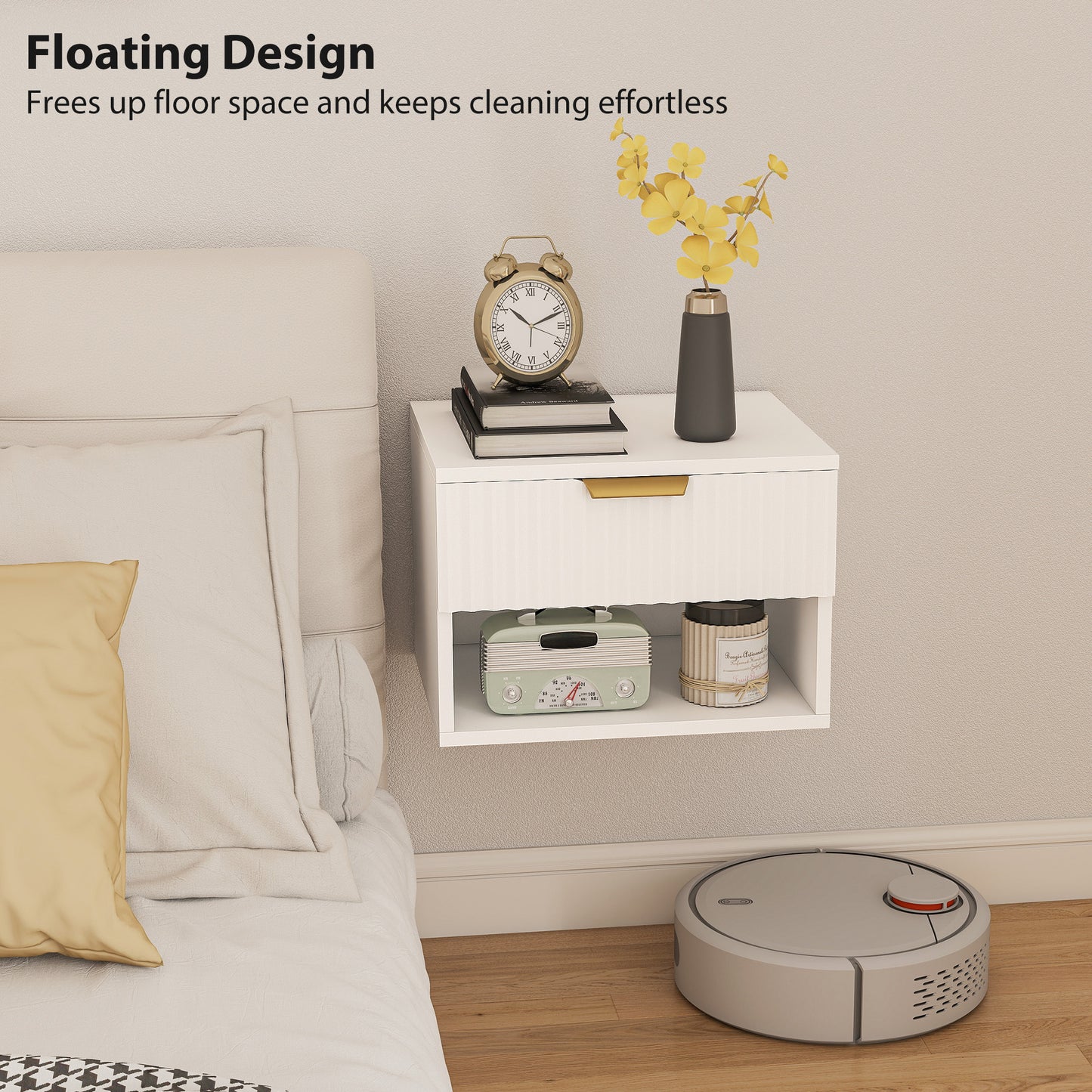 HOMCOM Floating Nightstands Set Of 2 Wall Mounted Bedside Tables With Fluted Drawer And Open Shelf White
