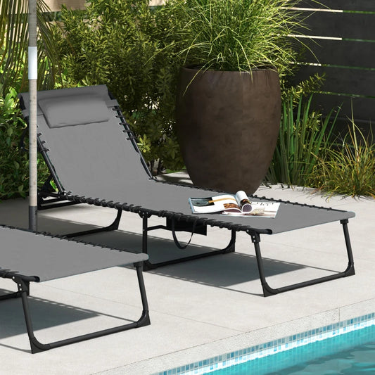 Outsunny Set of 2 Sun Loungers with Five-Position Reclining Backs - Grey: Enhance Your Outdoor Relaxation Experience