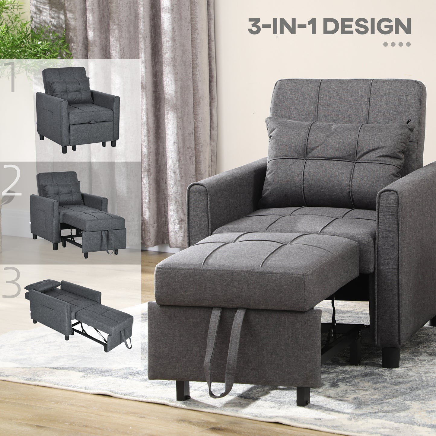 HOMCOM Convertible Sleeper Chair with Adjustable Backrest and Storage Pockets, Grey - ALL4U RETAILER LTD