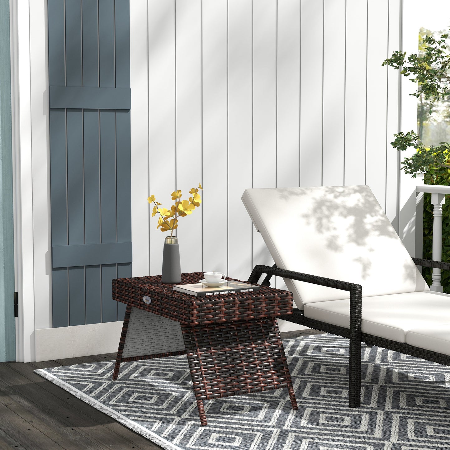 Outsunny Foldable Outdoor Side Table Rattan Garden Coffee Table With Steel Frame 60x41x41 cm Brown
