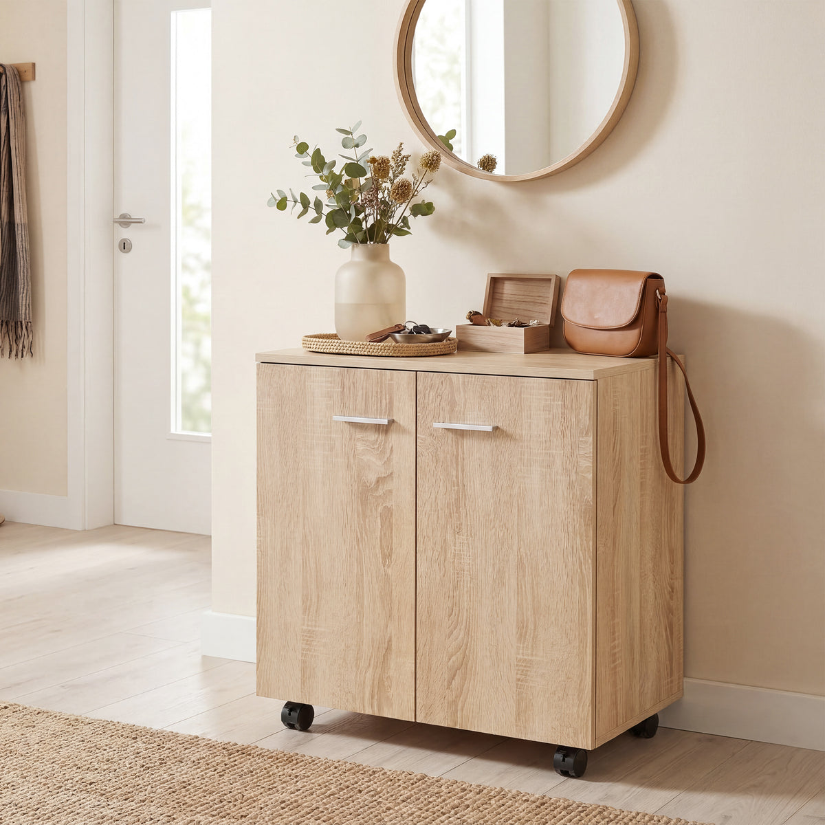 Wood-look mobile sideboard cabinet with 2 doors on casters, side angle view