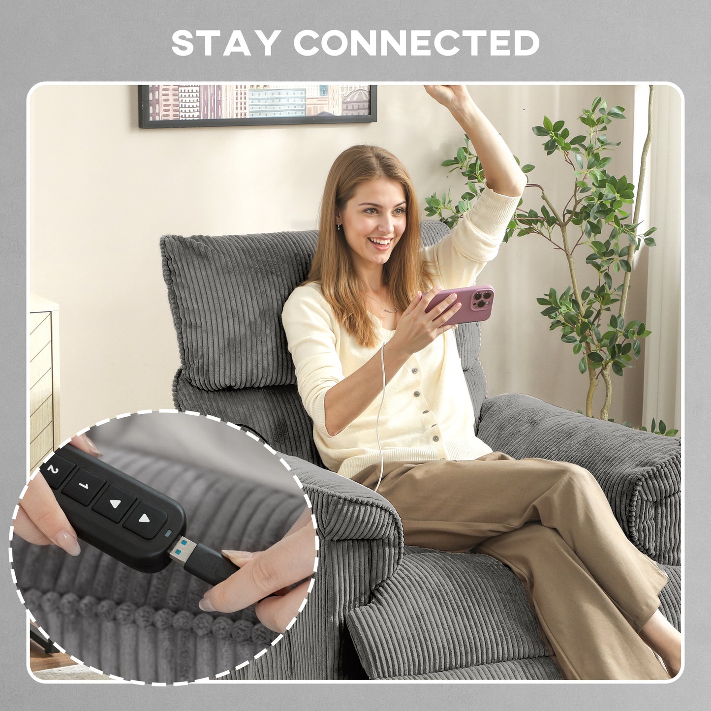 HOMCOM Corduroy Electric Massage Recliner Chair With Heat And Memory Function Grey