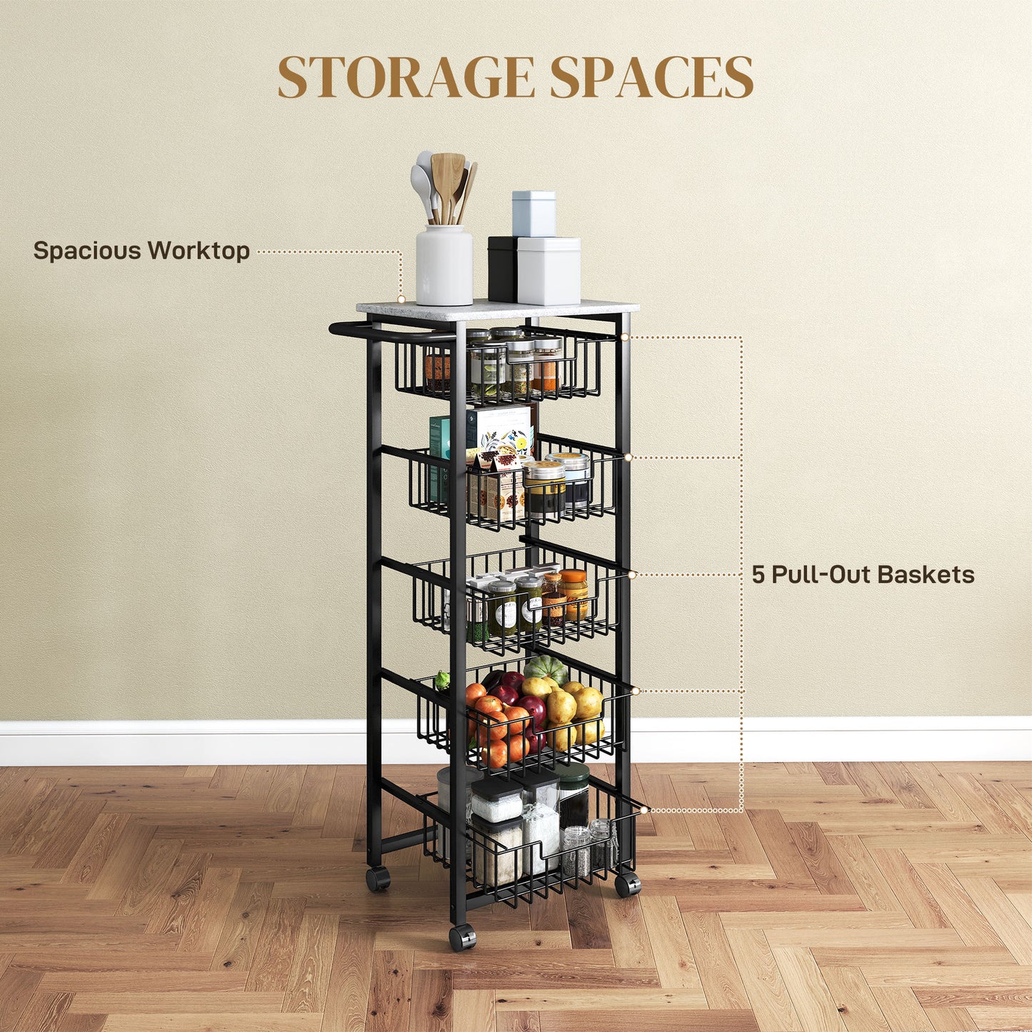 HOMCOM Five Basket Mobile Kitchen Island With Brakes Grey Black Marble Countertop