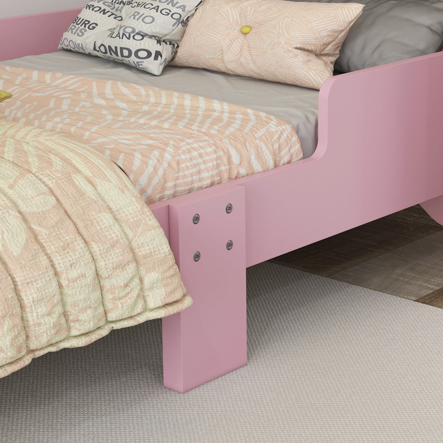 ZONEKIZ Kids Cat-Themed Toddler Bed Frame with Guardrails - Pink, 3-6 Years - ALL4U RETAILER LTD