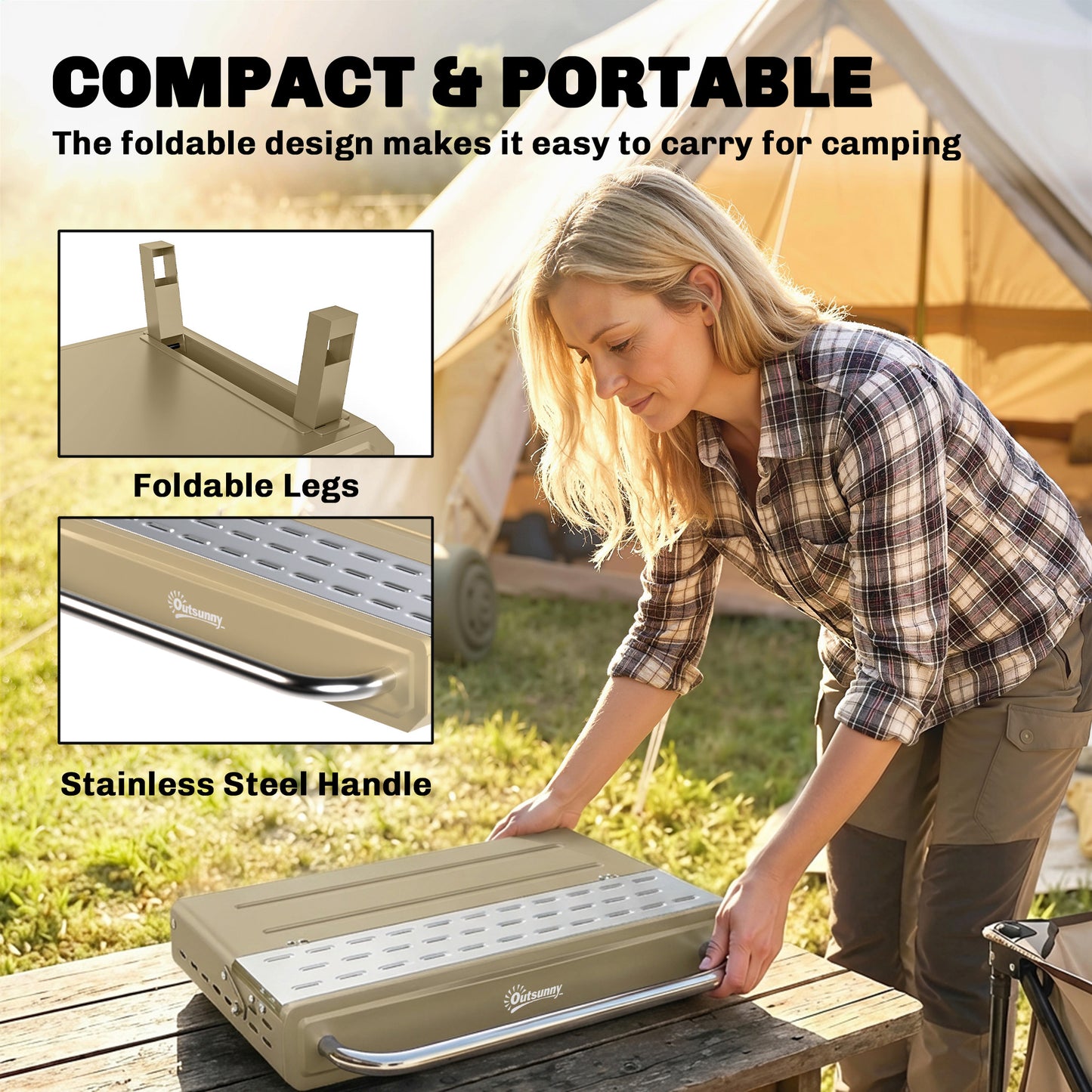 Outsunny Portable Charcoal BBQ Grill With Adjustable Grates Foldable Legs Side Shelf For Camping Travel Khaki
