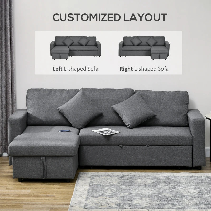 HOMCOM Dark Grey 3 Seater Corner Sofa Bed with Storage, Pull Out Convertible L Shape Couch with Reversible Chaise Lounge for Living Room - ALL4U RETAILER LTD