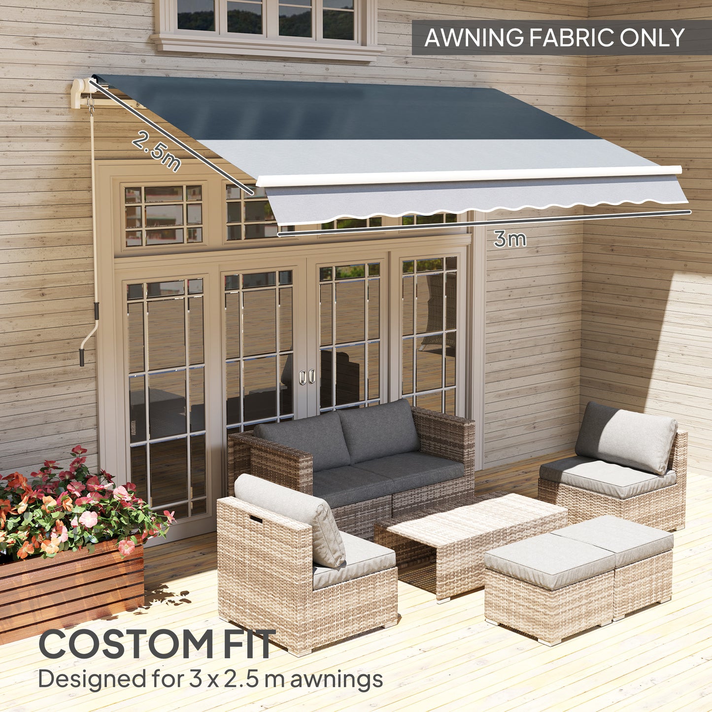 Outsunny Awning Replacement Canopy for 3 x 2.5 m Garden Awnings Grey Fabric Only Water Resistant UPF 50 Plus