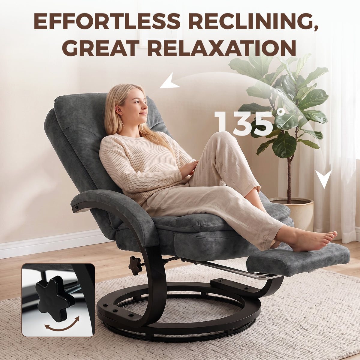 Gray velvet swivel recliner chair with high back and extended leg rest