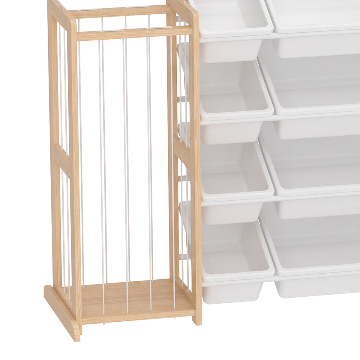 AIYAPLAY wooden toy organizer frame with elastic loops and white storage bins