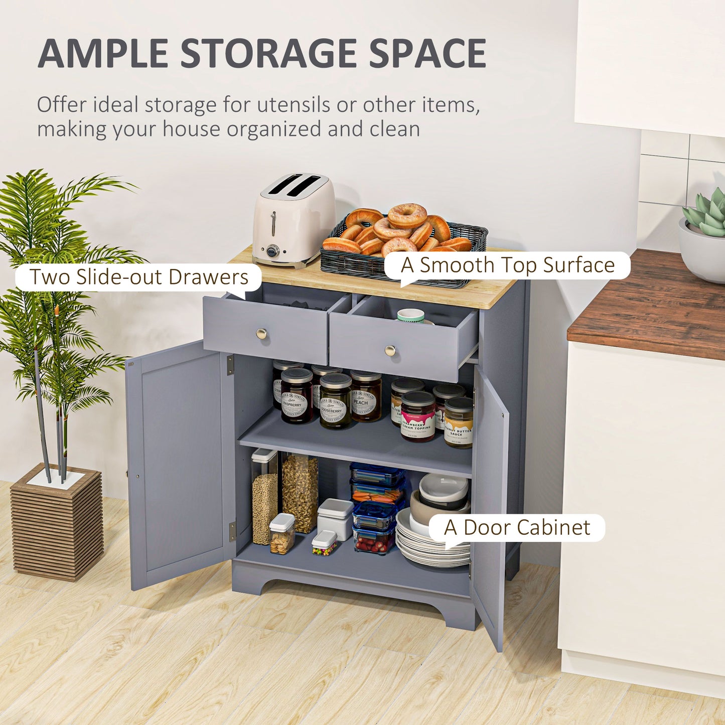 HOMCOM Side Storage Sideboard Table Kitchen Floor Cabinet With Solid Wood Top Drawer And Adjustable Shelf Grey