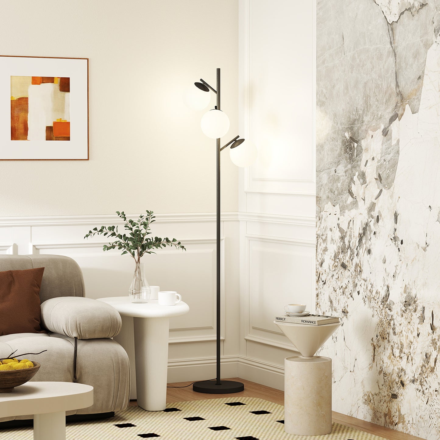 HOMCOM 3 Light Tree Floor Lamp Living Room Modern Standing Lamp Globe Lampshades Black Steel Base Bulb Not Included