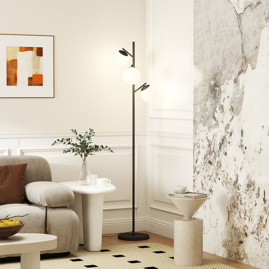 HOMCOM 3 Light Tree Floor Lamp Living Room Modern Standing Lamp Globe Lampshades Black Steel Base Bulb Not Included