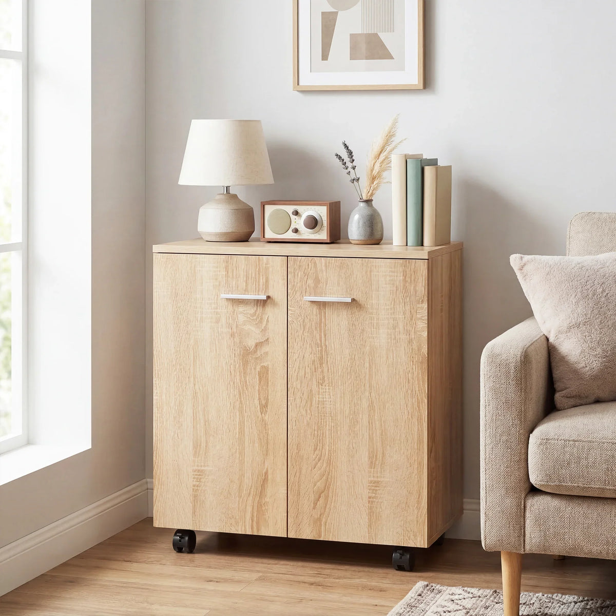 Wood-look mobile sideboard cabinet with 2 doors and casters in front view