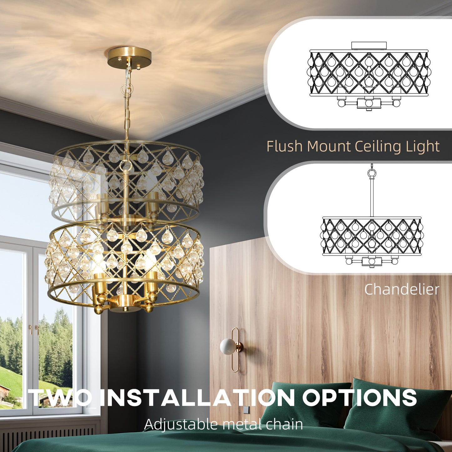 HOMCOM 51 Crystallite Four Bulb Chandelier Gold Tone With Adjustable 130 Cm Chain And Sparkling Crystal Balls