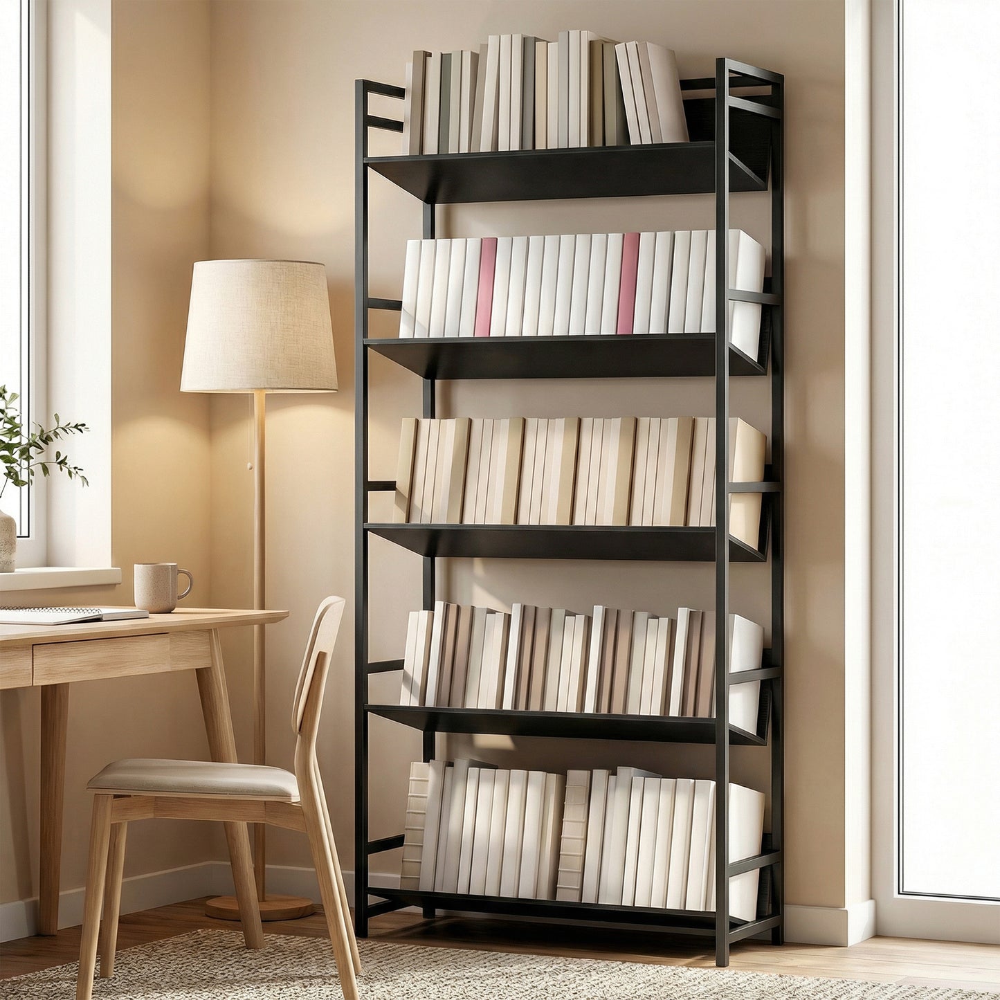 HOMCOM 5 Tier Metal Frame Bookcase Storage Shelves for Living Room Black Ideal for Organizing Books and Decor