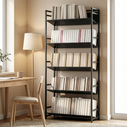 HOMCOM 5 Tier Metal Frame Bookcase Storage Shelves for Living Room Black Ideal for Organizing Books and Decor