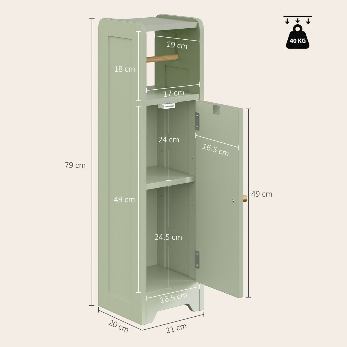 Light green toilet roll storage cabinet with dimension diagram and open shelf layout
