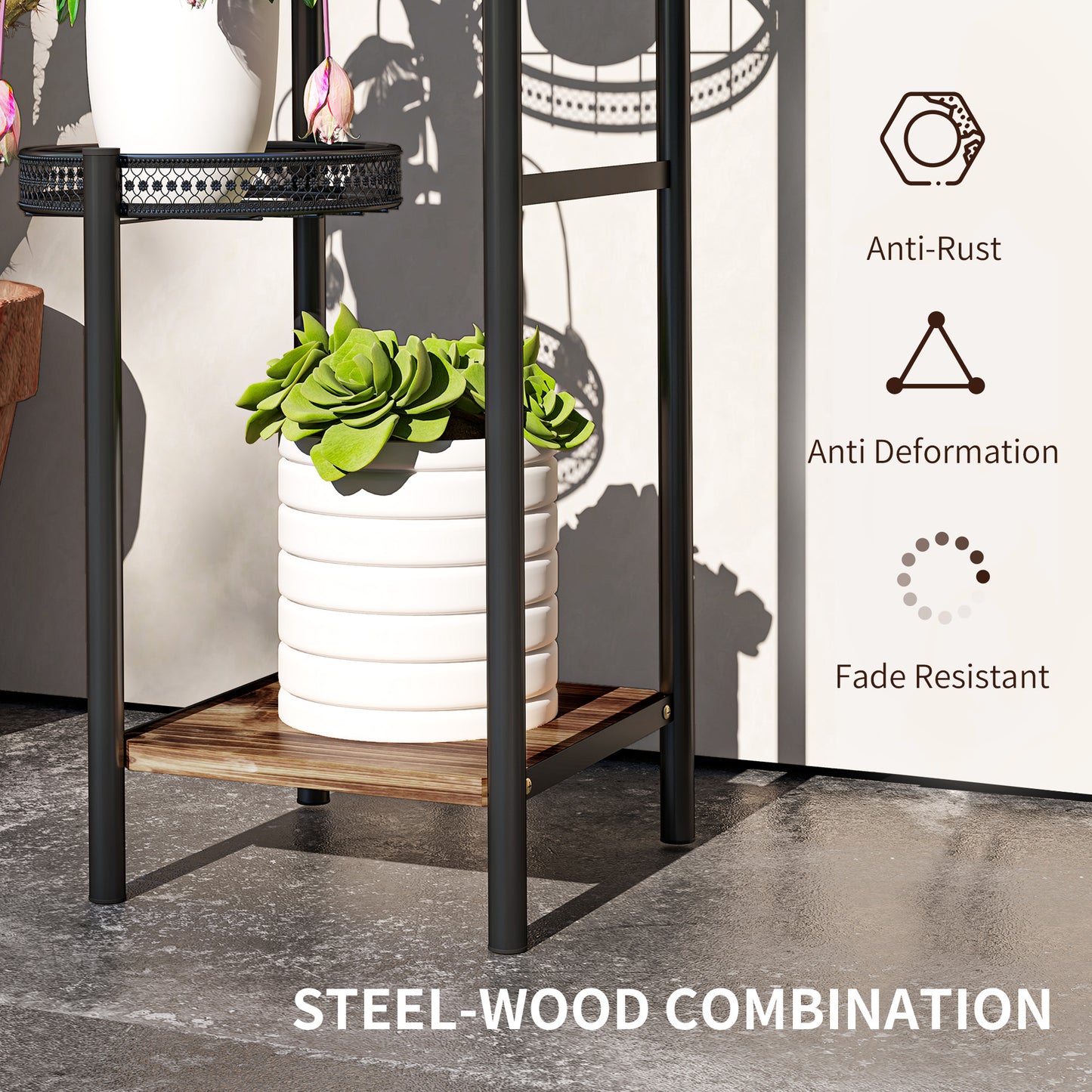 Outsunny Four Tier Steel Plant Stand Black Indoor Outdoor Rust Resistant With Three Planter Trays