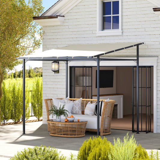 Outsunny 2.4x2.4m Wall Mounted Pergola Gazebo With PA Coated Fabric And Metal Frame Wind Resistant Shelter Cream White