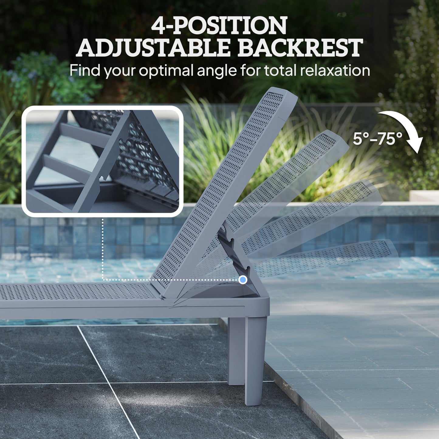 Outsunny Plastic Sun Lounger 4-Position Adjustable Reclining Garden Lounger Sunbed For Patio Beach Terrace Grey