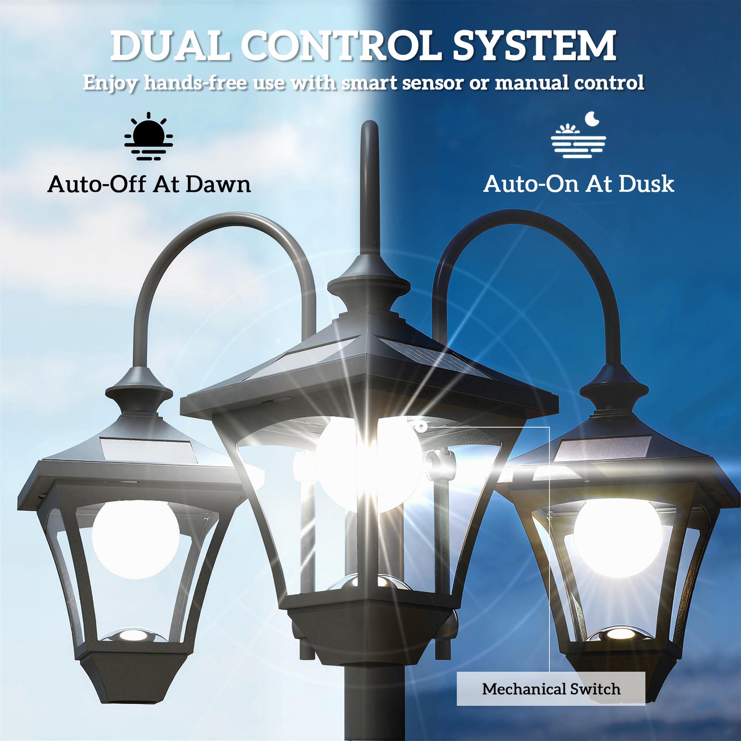 Outsunny Solar Lamp Post With Dusk To Dawn Sensor And 3 Head Planter 185 Centimeters Black