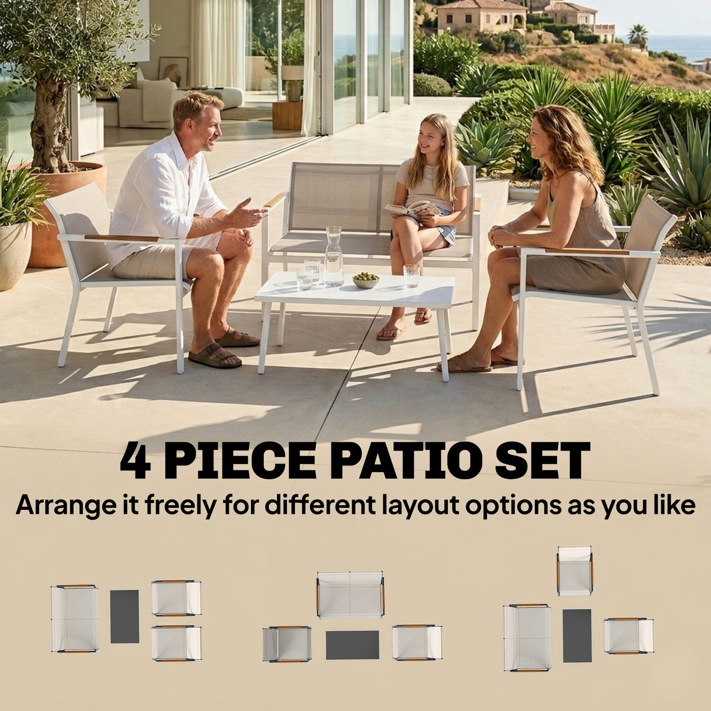Outsunny 4 Seater Garden Furniture Set With Loveseat Armchairs And Table Metal Frame Breathable Mesh Seats Khaki