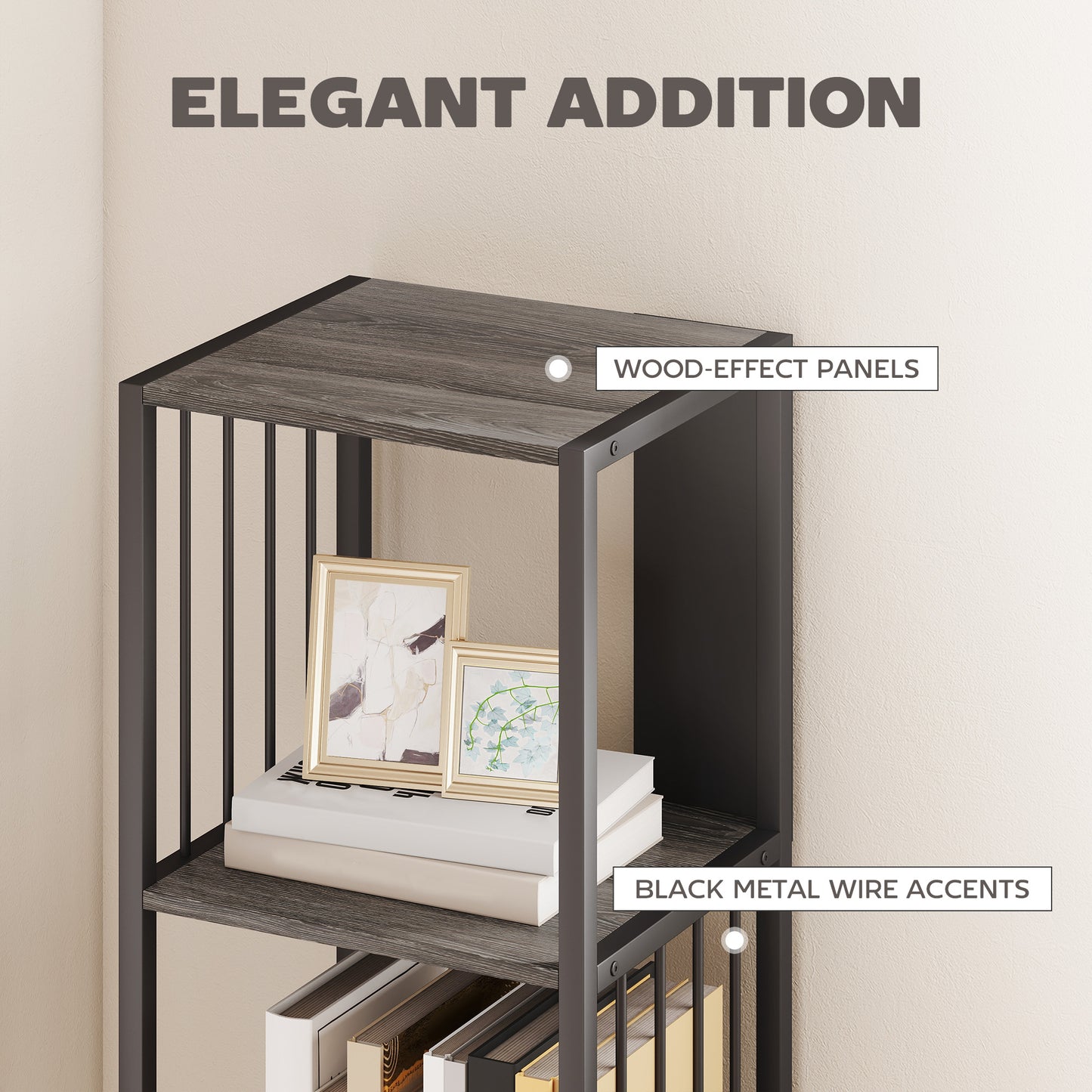 Homcom 5 Tier Bookshelf With Steel Frame Grey Wood Effect MDF Black Steel Anti Tip Straps Holds 60 Kg