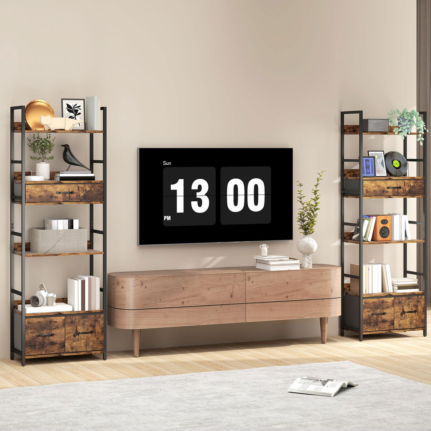 HOMCOM Industrial Style Bookcase With 4 Shelves And 3 Fabric Drawers Brown Black