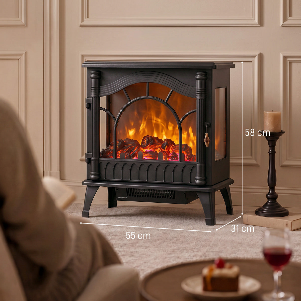 Black 3-sided glass electric fireplace stove heater with flame effect, front on