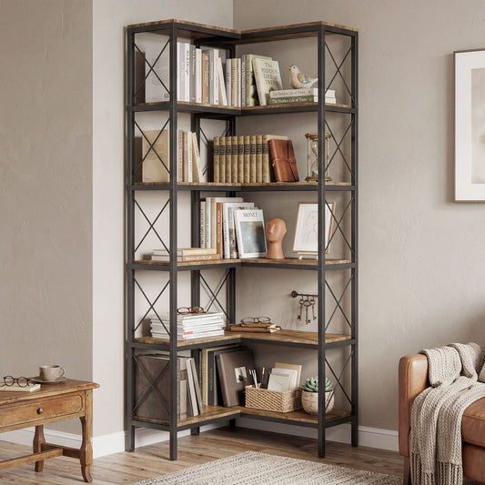 HOMCOM 5 Tier L Shaped Bookshelf Freestanding Corner Bookcase With Metal Frame Rustic Brown
