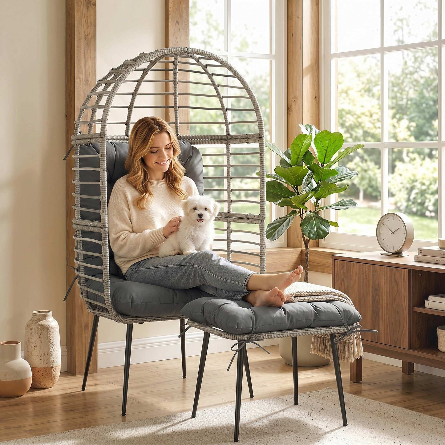 Outsunny Garden Egg Chair With Footstool Rattan Indoor Outdoor Lounge Chair And Ottoman Set Thick Cushions Light Grey