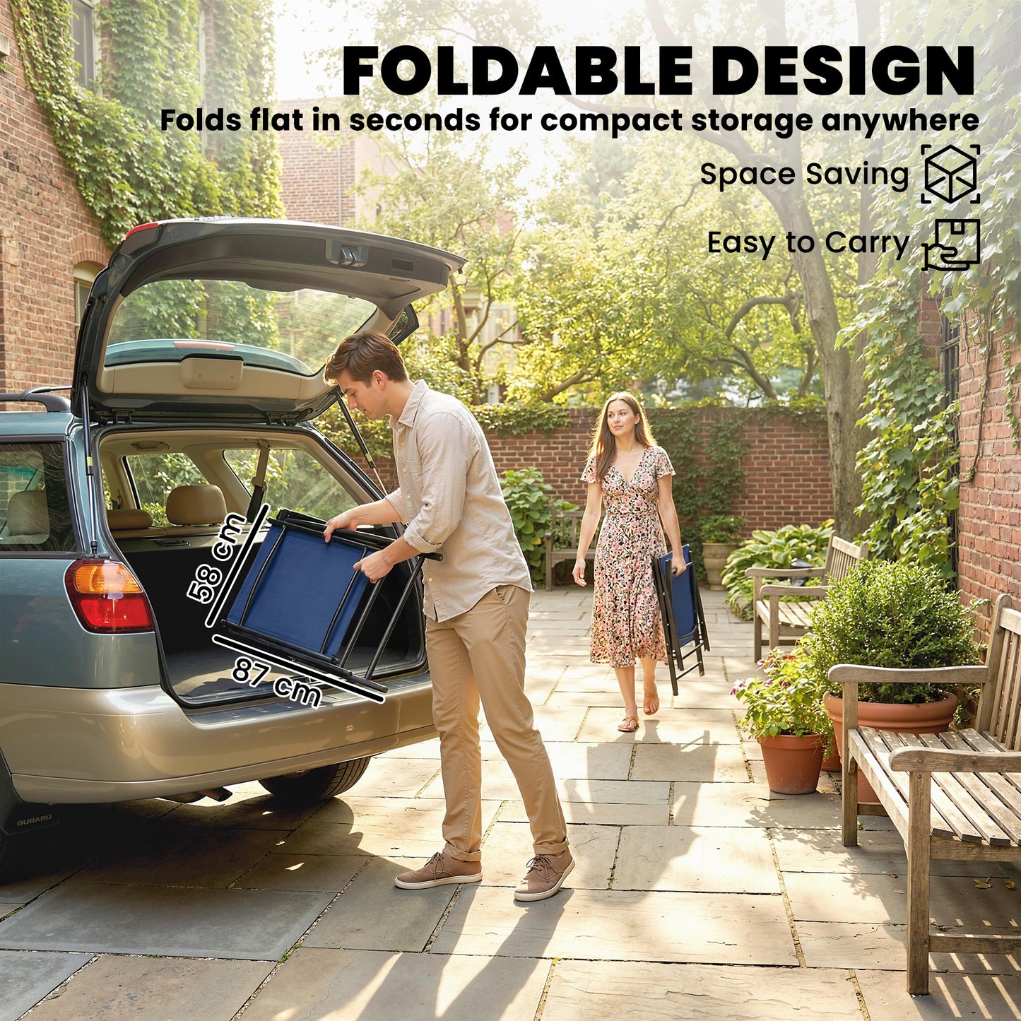 Outsunny Folding Garden Chairs Set Of 2 With High Back Armrests Texteline Seat Navy Blue