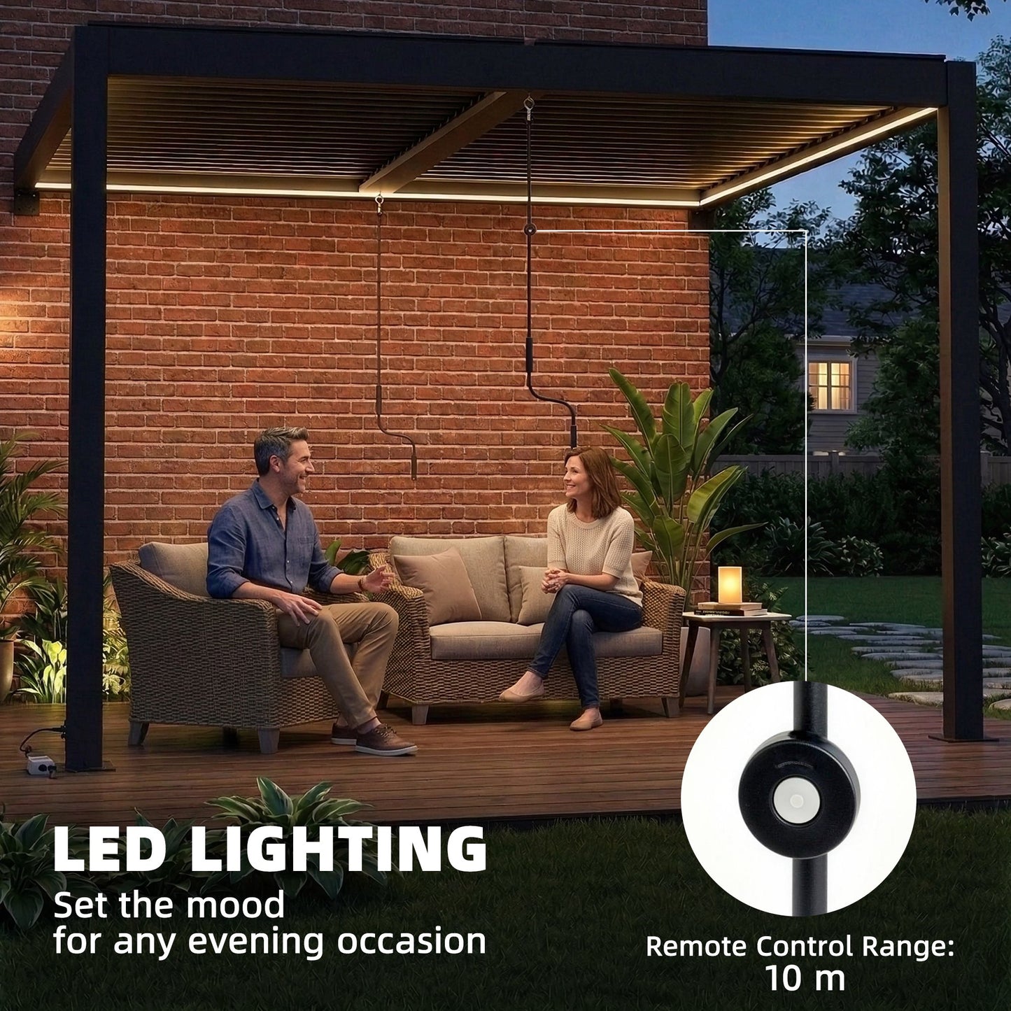 Outsunny 3 By 3 M Louvered Pergola With LED Lights Wall Mounted Aluminium Patio Gazebo Dark Grey