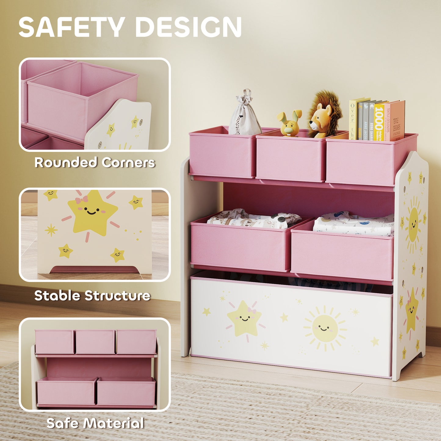 AIYAPLAY Kids Toy Storage Units 3 Tier Organiser Shelf With 6 Removable Boxes For Kids Bedroom Playroom Pink