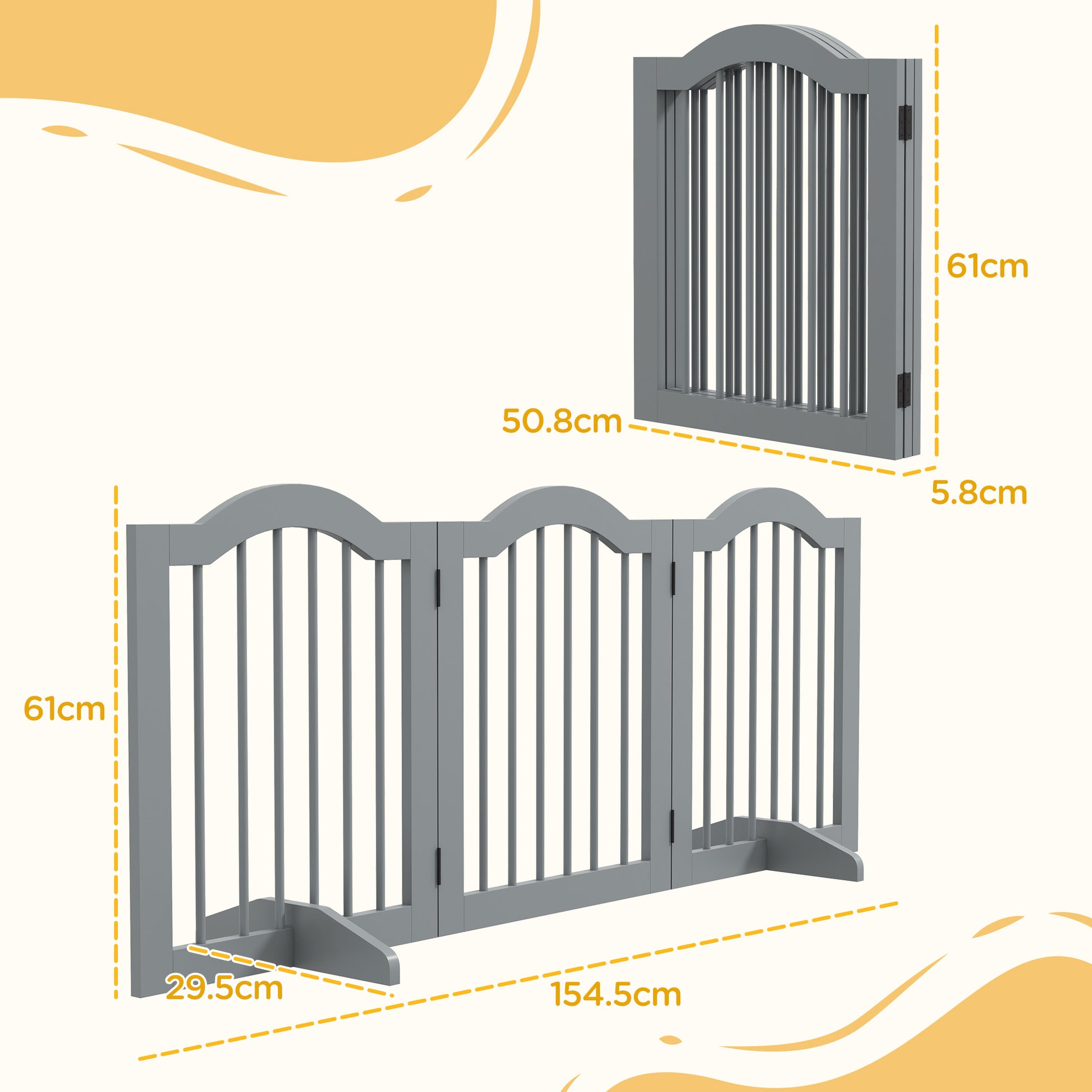 PawHut Freestanding 3-Panel Wooden Dog Gate with Support Feet - Light Grey Safety Barrier - ALL4U RETAILER LTD