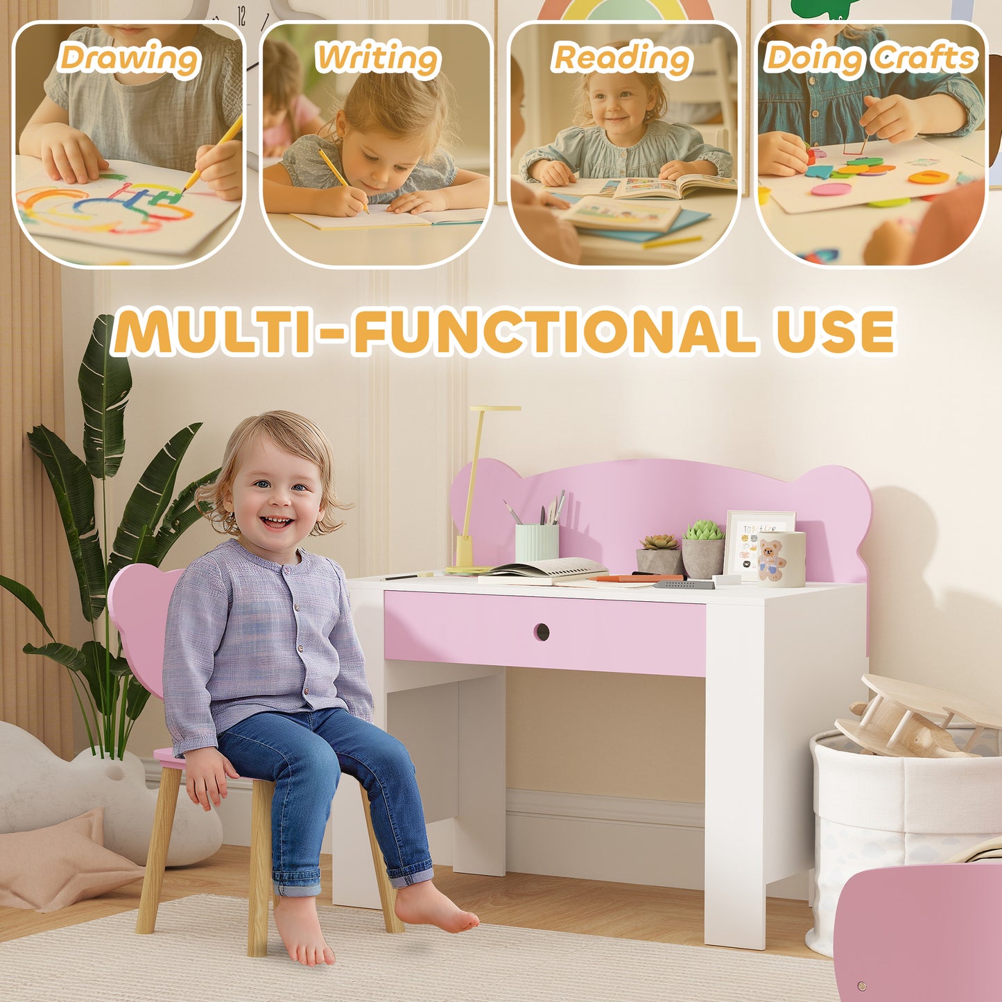 Aiyaplay Kids Desk And Chair Set With Drawer For Drawing And Reading Bear Theme Pink For Bedroom Daycare