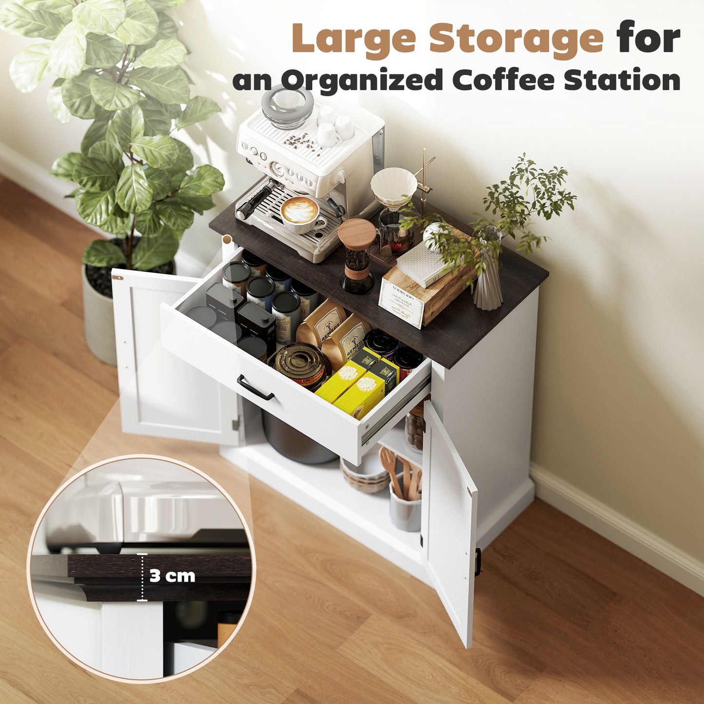 HOMCOM Farmhouse Sideboard With 3 Cm Thick Top And Two Barn Doors White Kitchen Storage Cabinet
