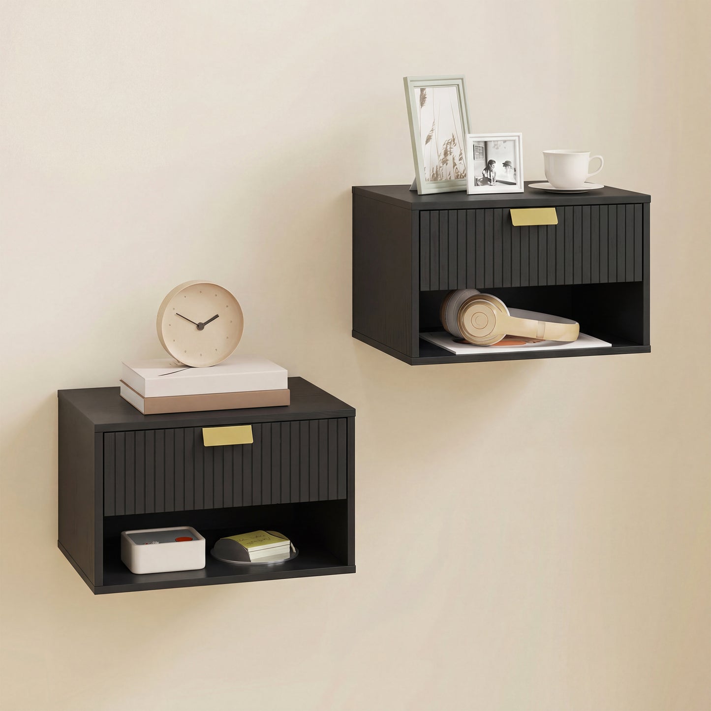 HOMCOM Set Of 2 Wall Mounted Nightstands Floating Bedside Tables With Fluted Drawers Open Shelf For Small Bedroom Black