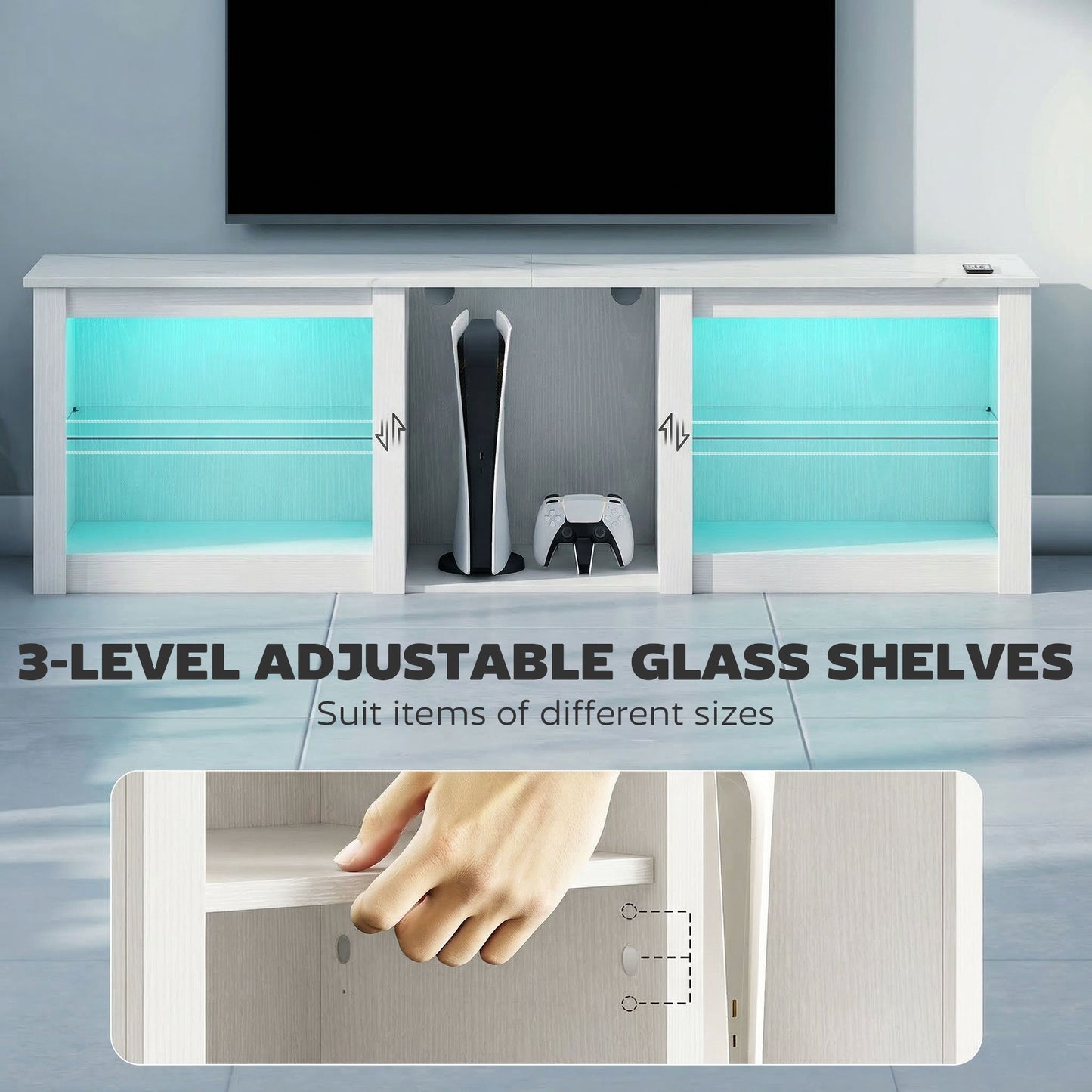 HOMCOM 70 Inch TV Stand With USB Powered RGB LED Lights And Ample White Storage With Five Compartments